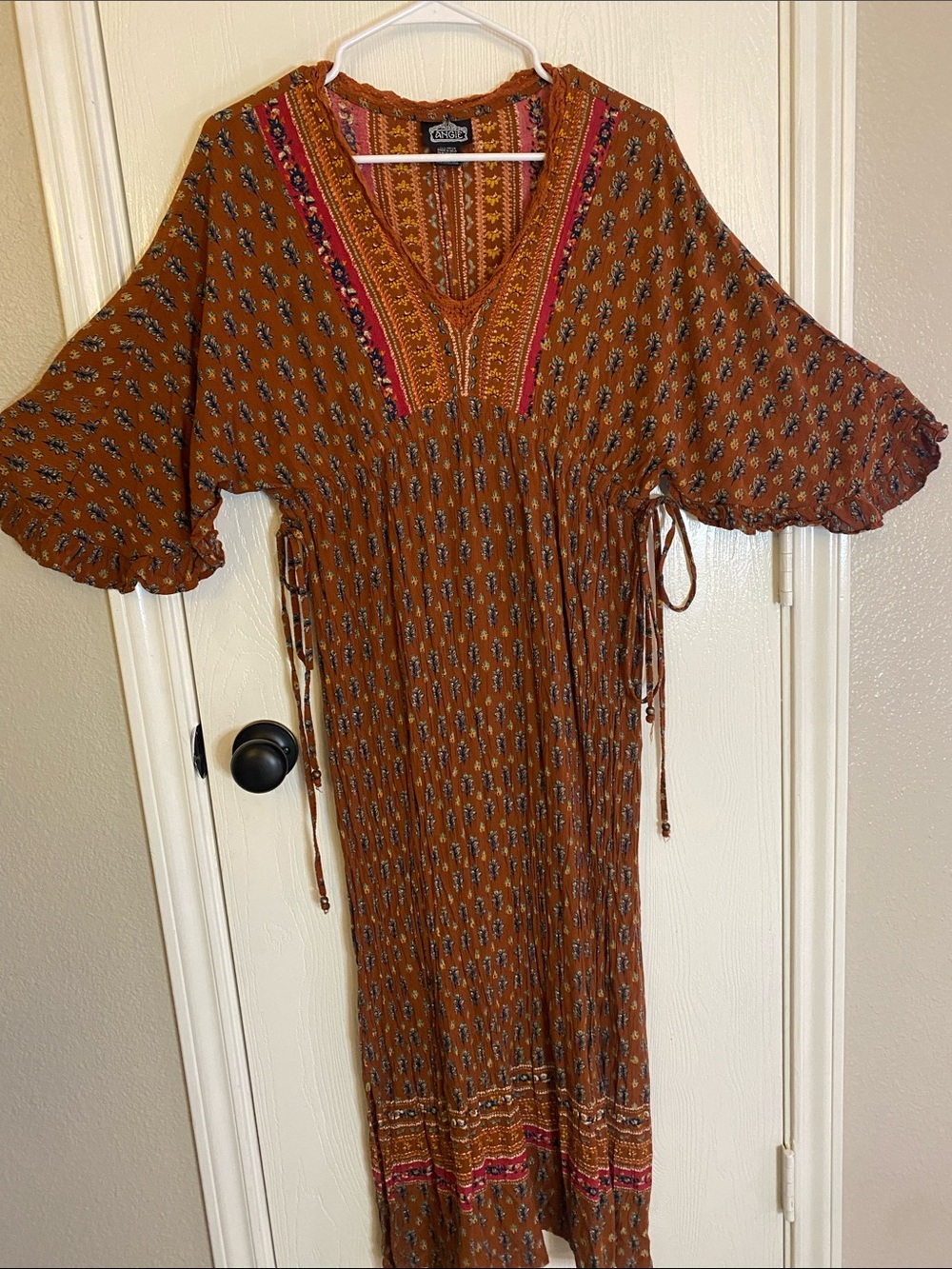 Brand Angie- SZ small Boho Rust Floral Maxi Dress with Embroidered V-Neck